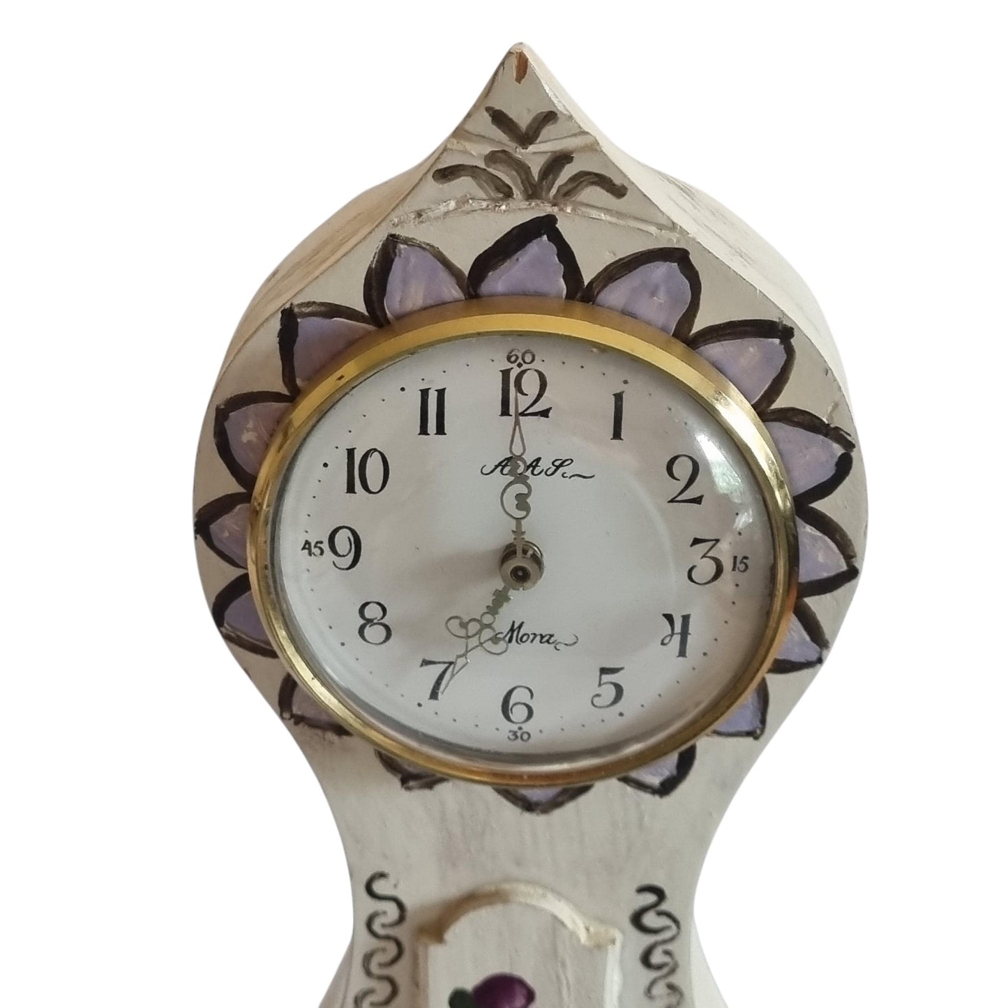 Miniature Mora Clock with Pansy Flowers, Hand Painted Swedish Folk Art Mantel Clock,  Gustavian Style Decor