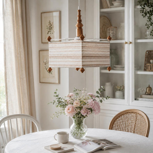 Pendant Lamp with Striped Fabric Shade, Square Pine Ceiling Light, Swedish 1970s Scandinavian Hanging Lamp, Rustic Brown Beige Pendant