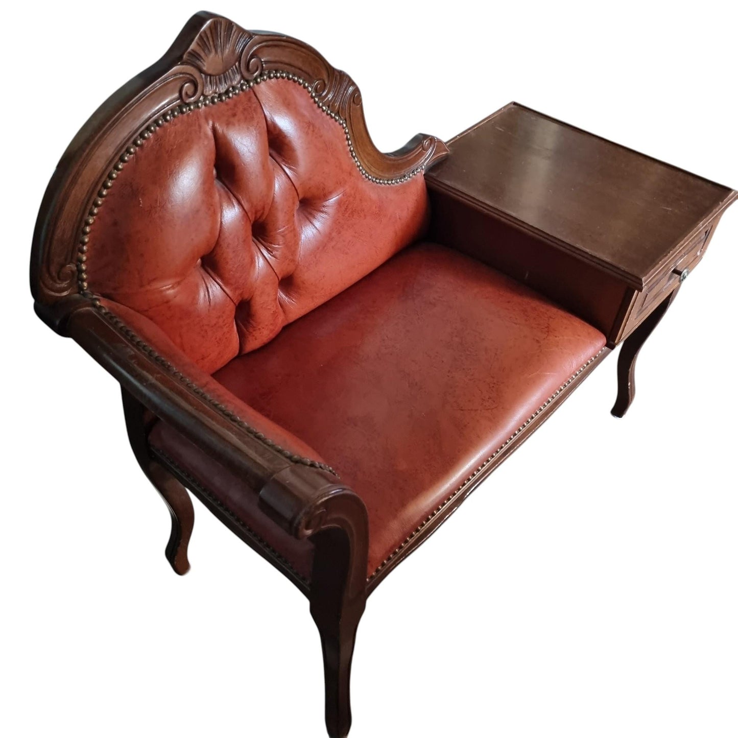 Gossip Bench Telephone Table, Tufted Faux Leather Nailhead Trim, Swedish 1970s