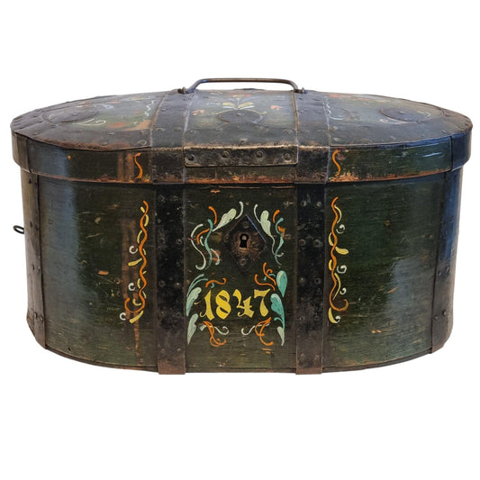 Antique Swedish Folk Art Vedding  Box,  Kurbits Painting, 19th Century Scandinavian  Bentwood Box, Rosemaling Chest
