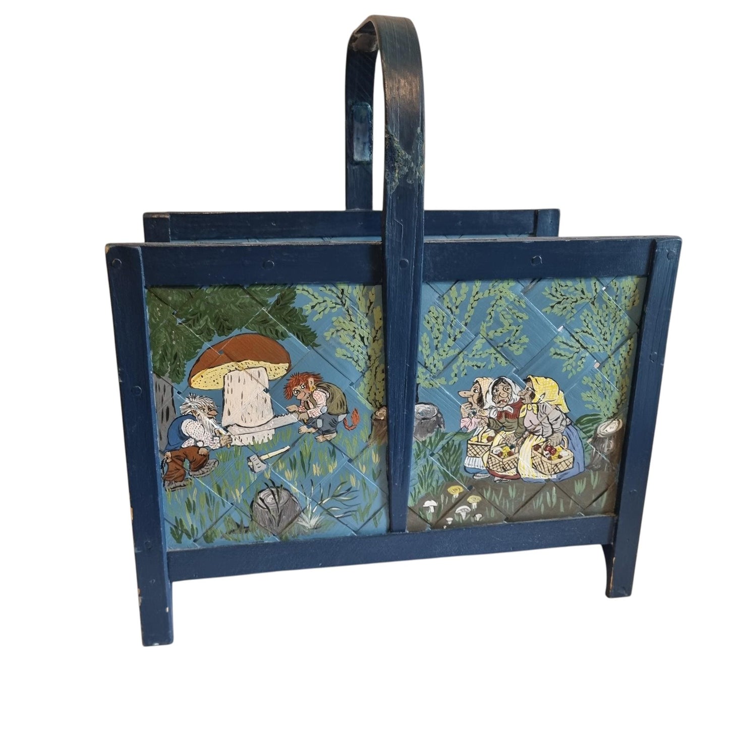 Scandinavian Troll Folk Art Magazine Holder, Hand Painted Storybook Art