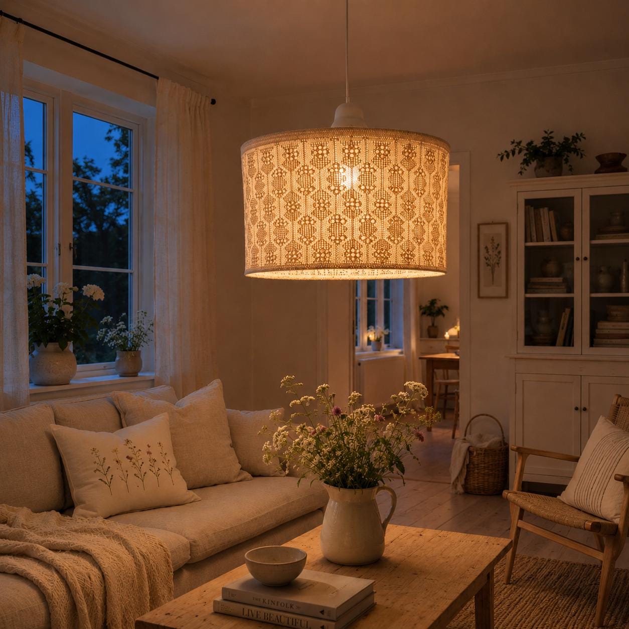 Scandinavian Crochet Pendant Light, Vintage Swedish Ceiling Lamp, Traditional "Näversöm" Handmade Textile Lace Shade