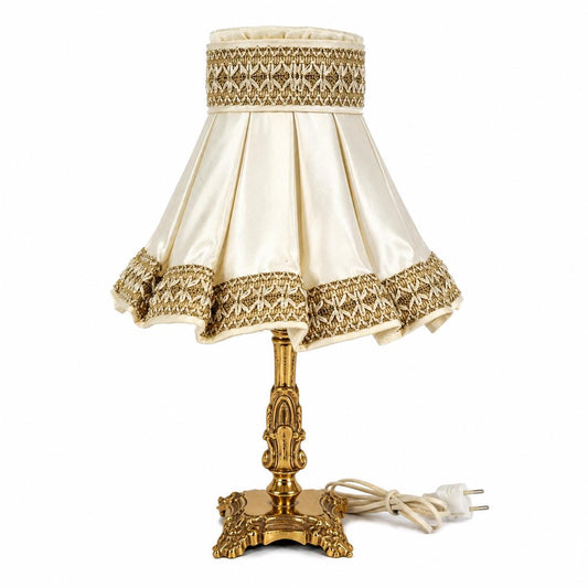 Vintage Brass Table Lamp with Pleated Cream Shade, Elegant Ornate Gold Bedside L — vintage Scandinavian mid-century lamp, handmade in Sweden
