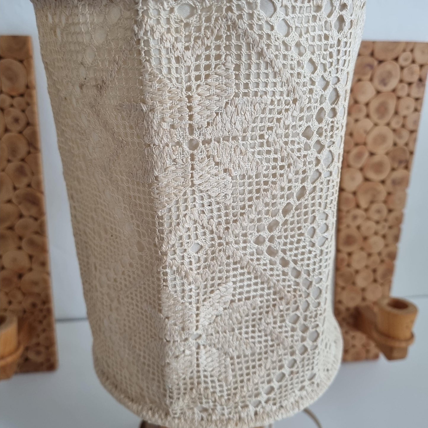 Vintage Swedish Sliced Wood Lamp Set with  Scandinavian handmade Crochet  Lace Shade