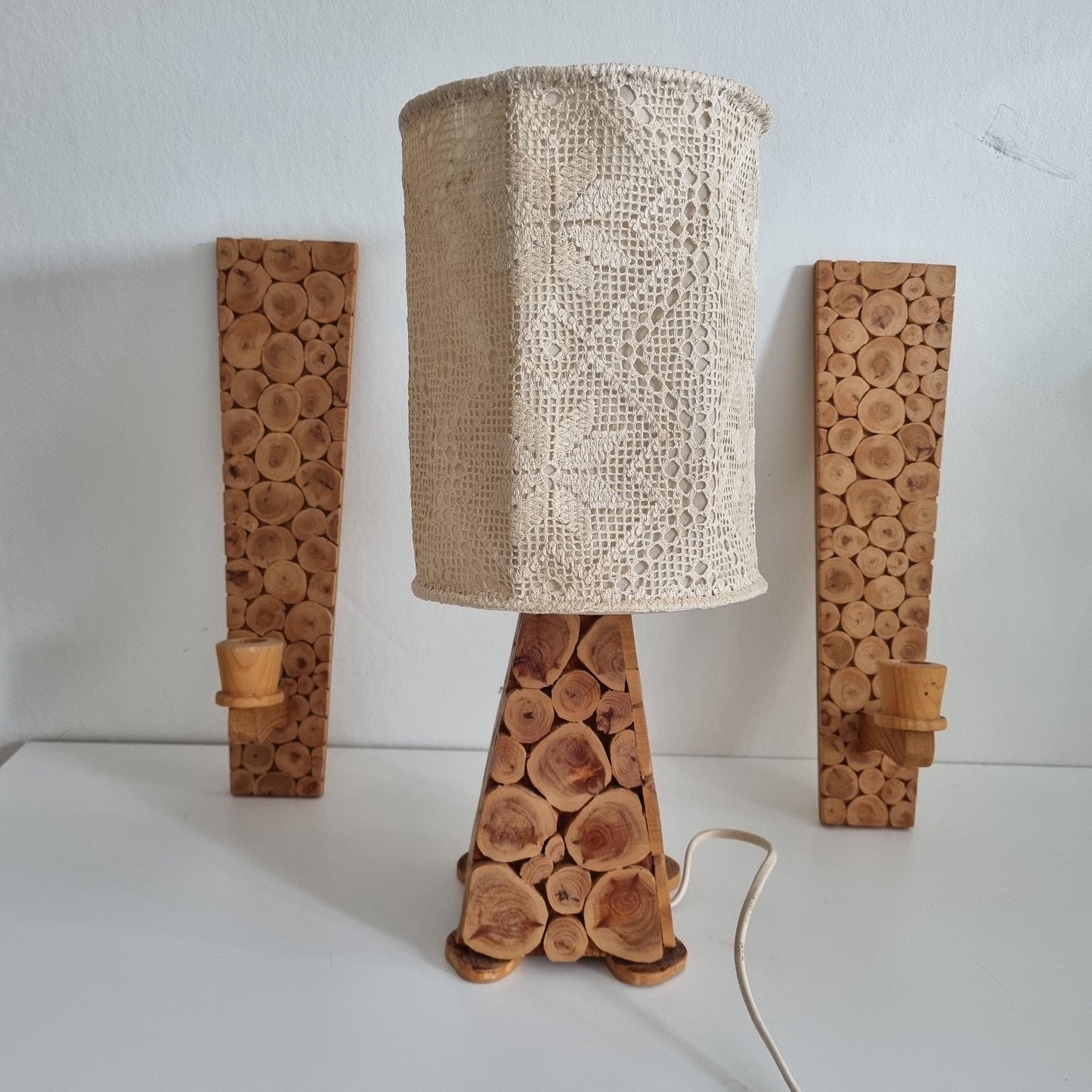 Vintage Swedish Sliced Wood Lamp Set with  Scandinavian handmade Crochet  Lace Shade
