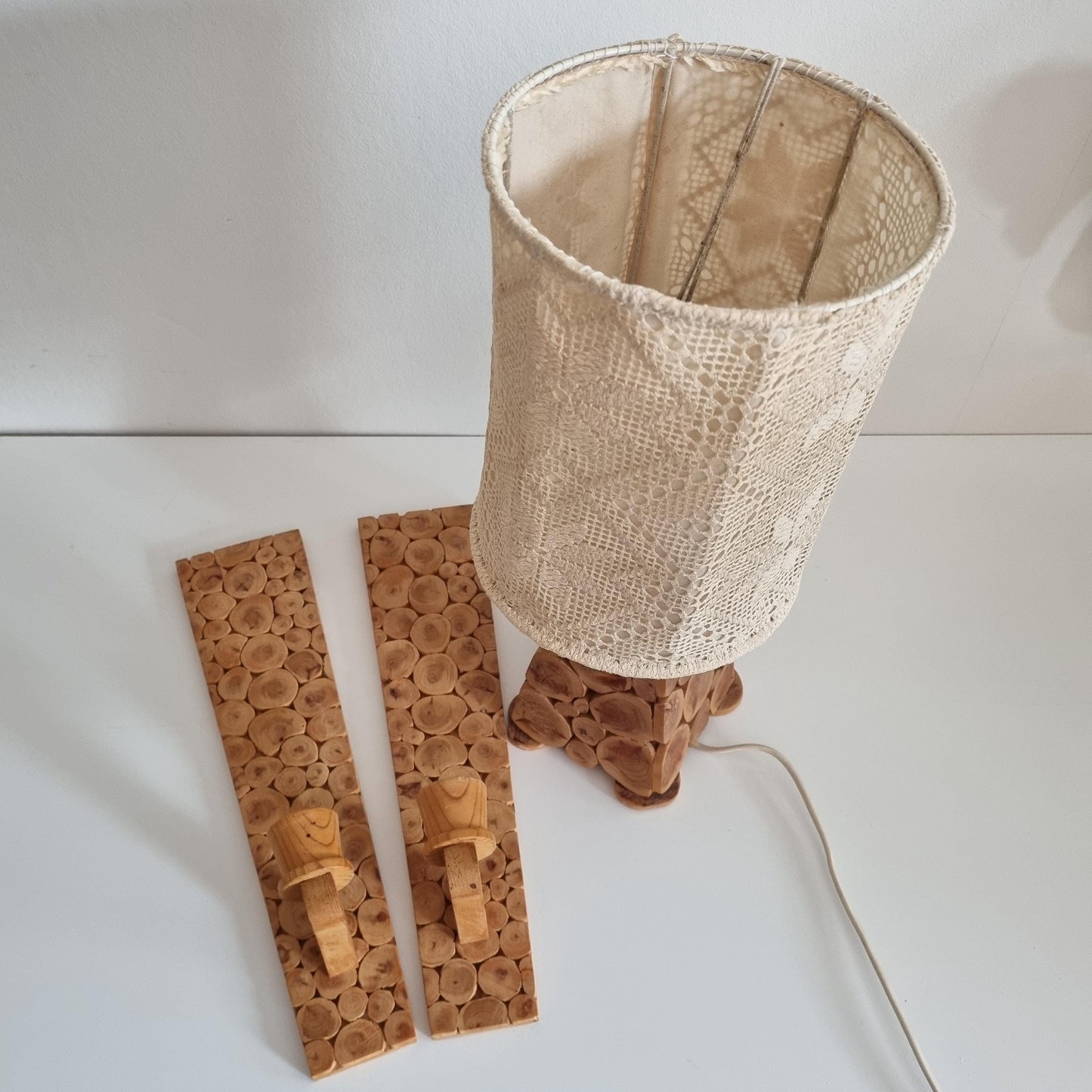 Vintage Swedish Sliced Wood Lamp Set with  Scandinavian handmade Crochet  Lace Shade