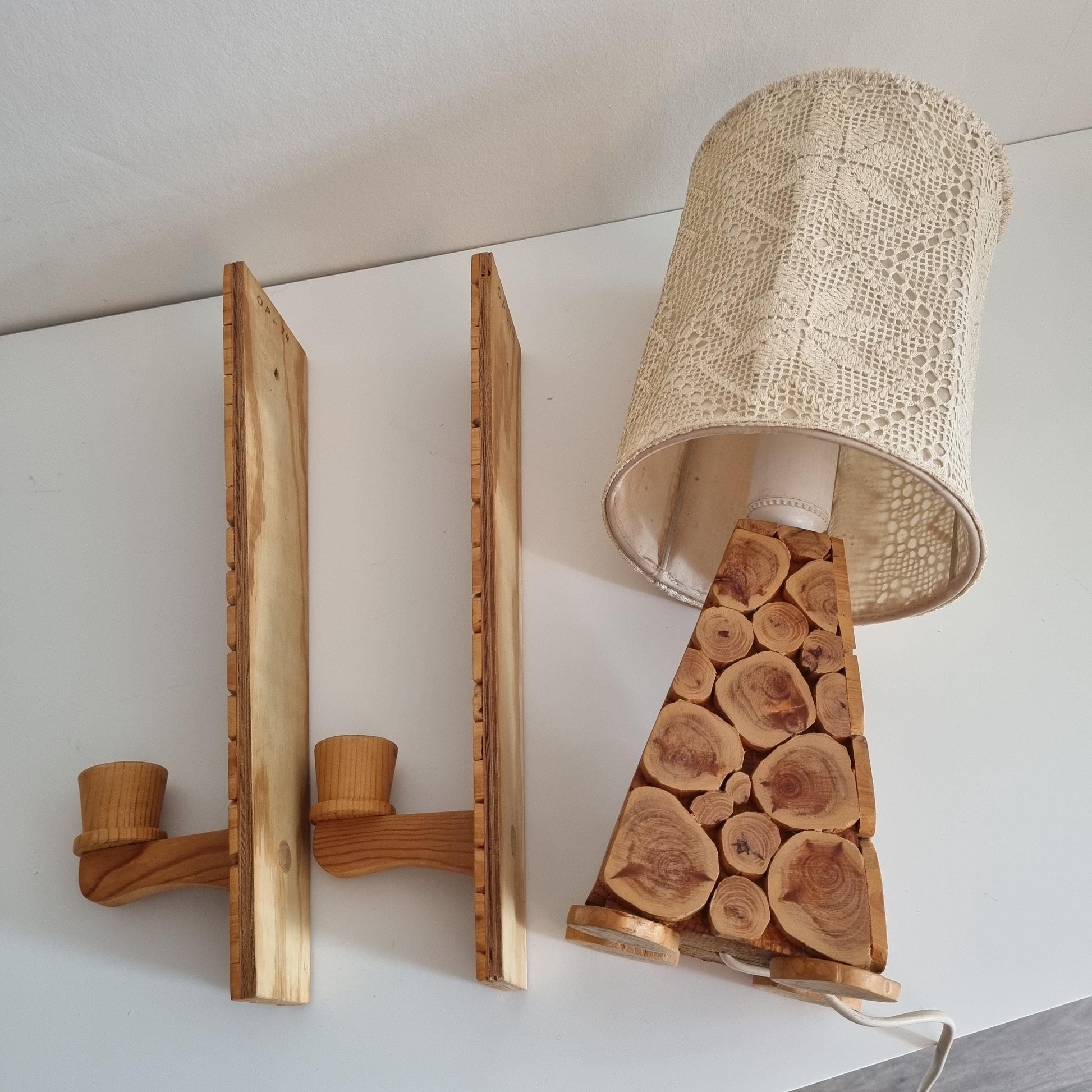 Vintage Swedish Sliced Wood Lamp Set with  Scandinavian handmade Crochet  Lace Shade