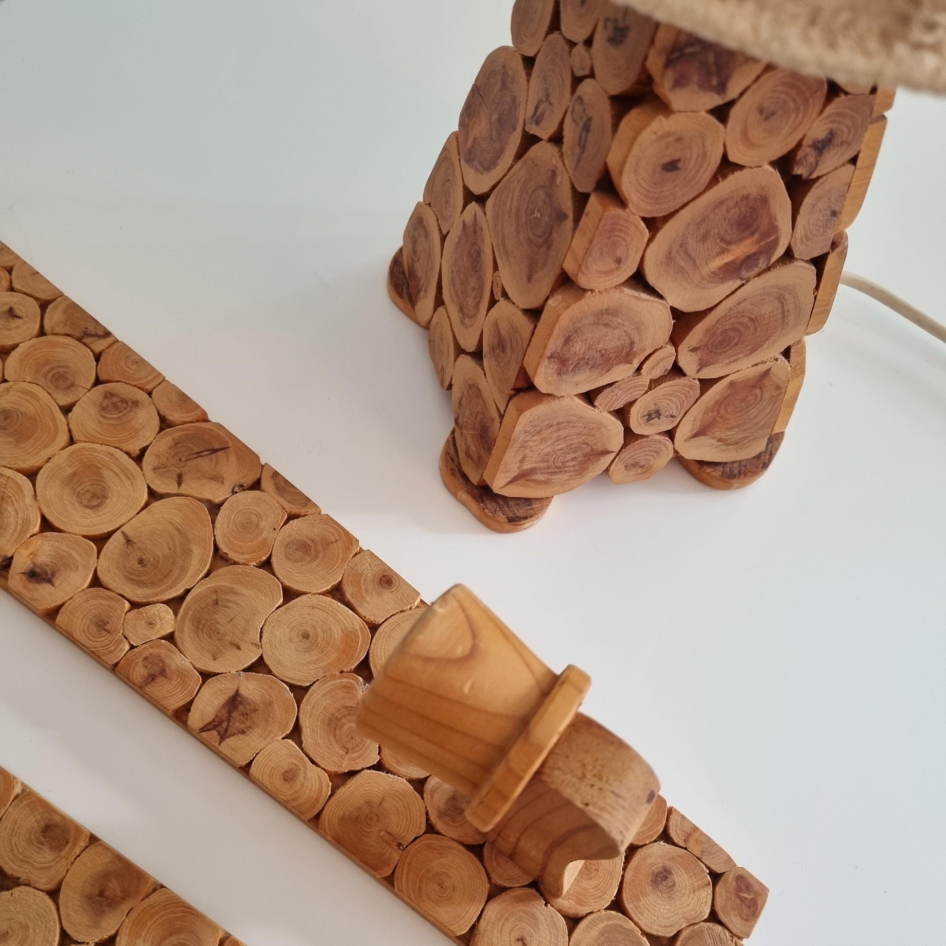 Vintage Swedish Sliced Wood Lamp Set with  Scandinavian handmade Crochet  Lace Shade