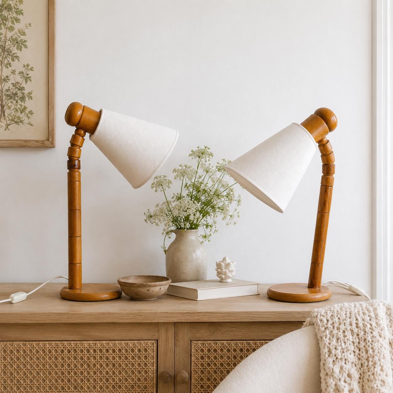Vintage Solbacken Scandinavian Pine Table Lamps, Swedish Modern Desk Lights