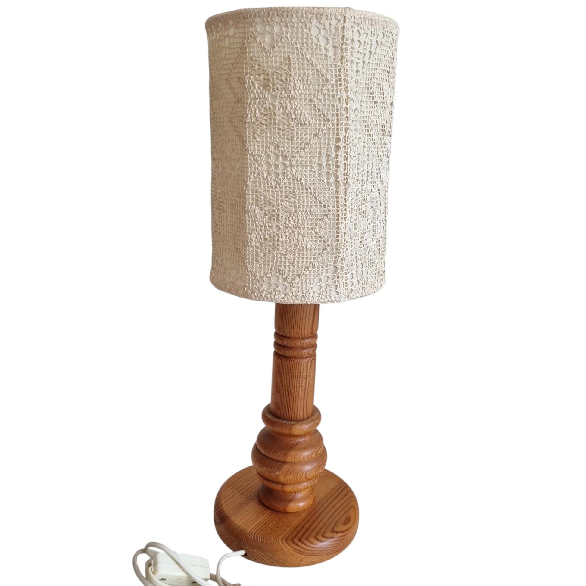 Pair of Vintage Markslöjd Sweden Pine Table Lamps, Swedish Vintage Crochet Textile Lace Shade, "Näversöm" Handmade Bedside Lights