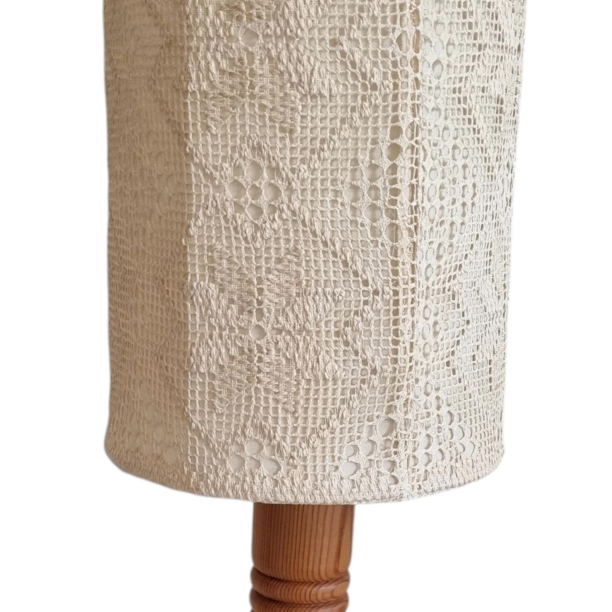 Pair of Vintage Markslöjd Sweden Pine Table Lamps, Swedish Vintage Crochet Textile Lace Shade, "Näversöm" Handmade Bedside Lights