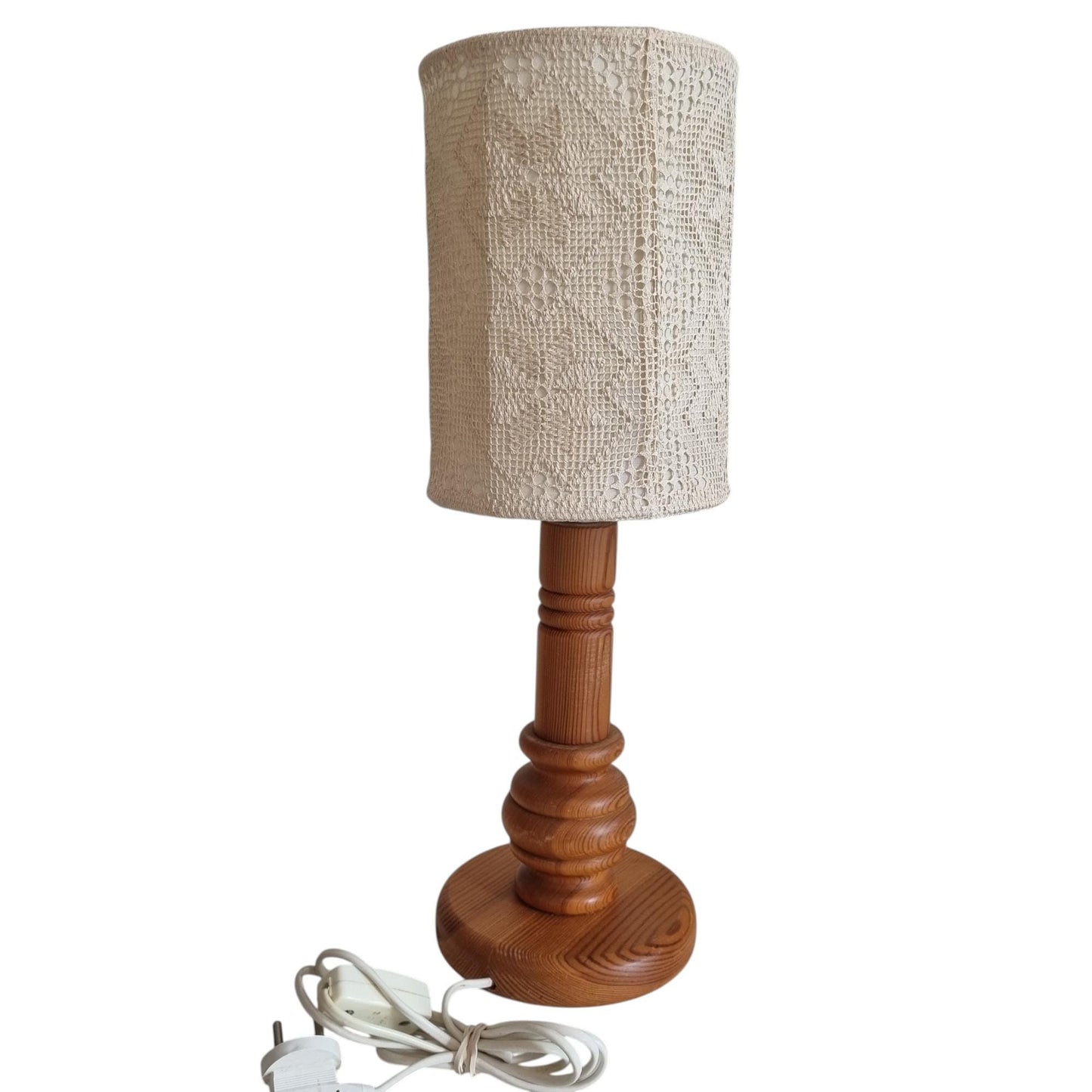 Pair of Vintage Markslöjd Sweden Pine Table Lamps, Swedish Vintage Crochet Textile Lace Shade, "Näversöm" Handmade Bedside Lights