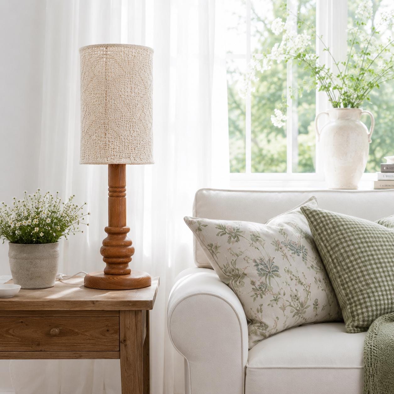 Pair of Vintage Markslöjd Sweden Pine Table Lamps, Swedish Vintage Crochet Textile Lace Shade, "Näversöm" Handmade Bedside Lights