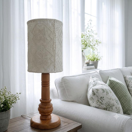 Pair of Vintage Markslöjd Sweden Pine Table Lamps, Swedish Vintage Crochet Textile Lace Shade, "Näversöm" Handmade Bedside Lights
