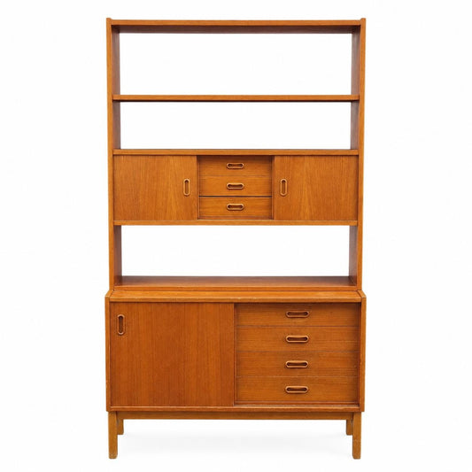 Teak Bookcase with Sliding Doors and Drawers, Mid-Century Swedish Wall Unit