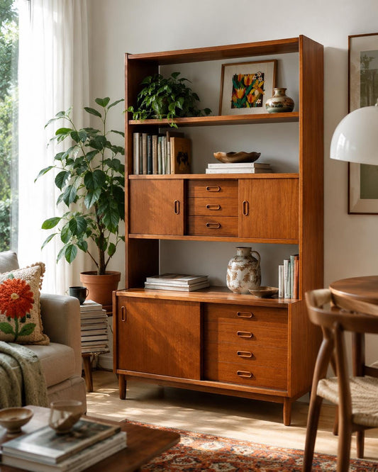 Teak Bookcase with Sliding Doors and Drawers, Mid-Century Swedish Wall Unit