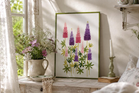 Framed Cross Stitch Lupine Flowers Wall Art Scandinavian Floral Needlework Sweden