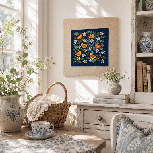 Vintage Scandinavian Needlepoint Bird Wall Art – Swedish Folk Textile Embroidery – Mid Century Cottagecore Decor –