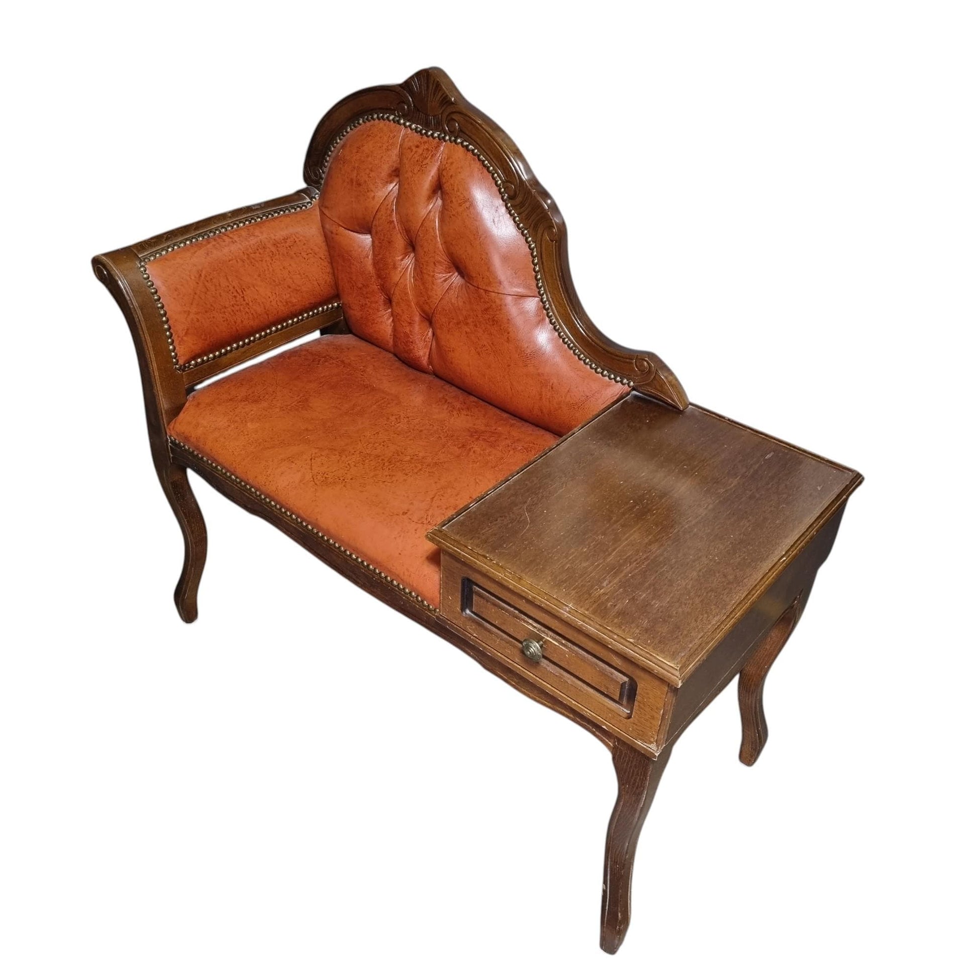 Gossip Bench Telephone Table, Tufted Faux Leather Nailhead Trim, Swedish 1970s