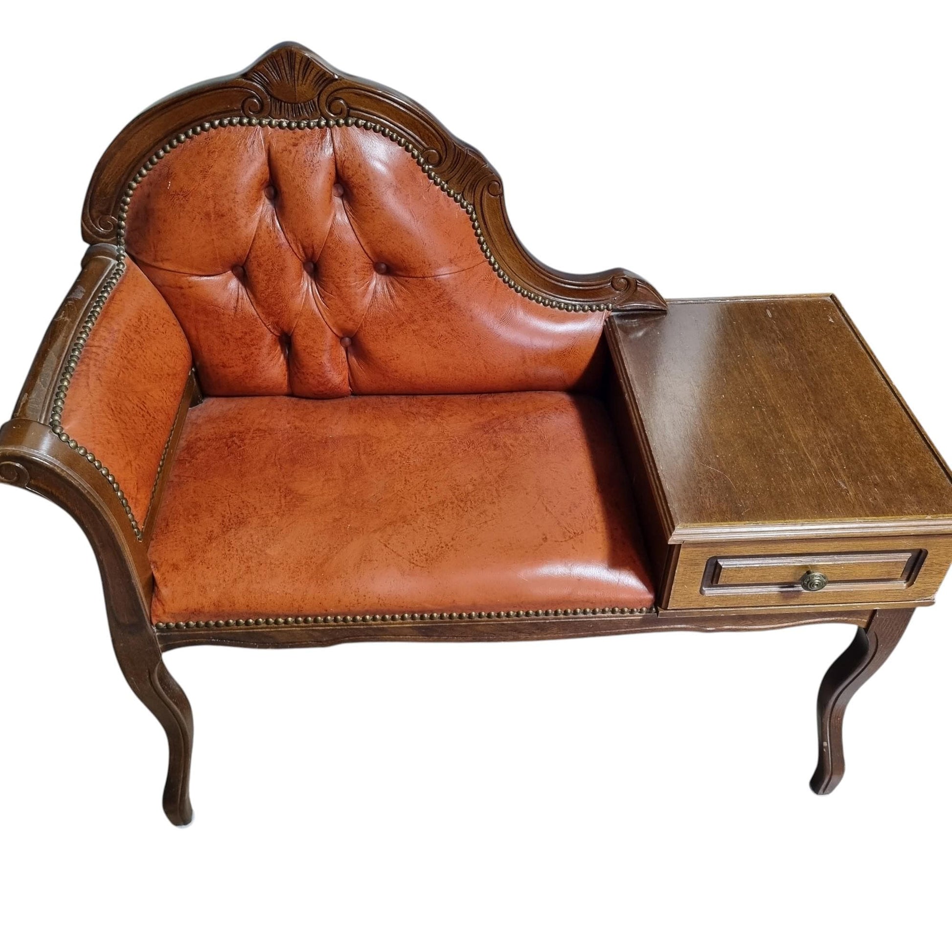 Gossip Bench Telephone Table, Tufted Faux Leather Nailhead Trim, Swedish 1970s