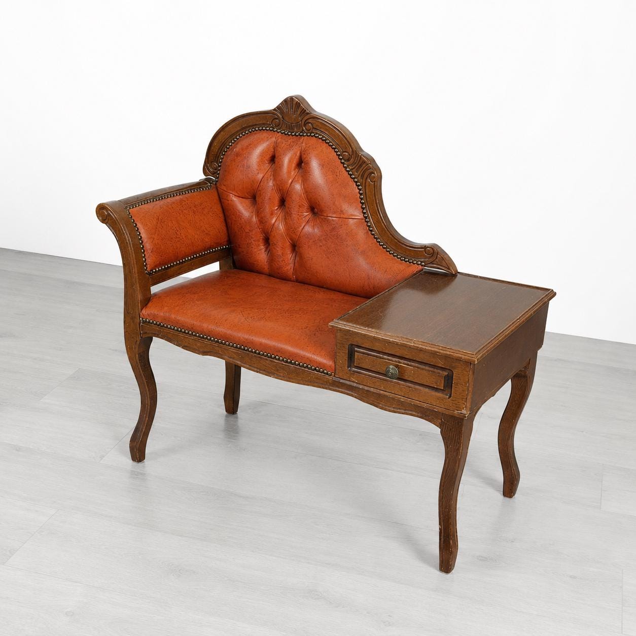 Gossip Bench Telephone Table, Tufted Faux Leather Nailhead Trim, Swedish 1970s