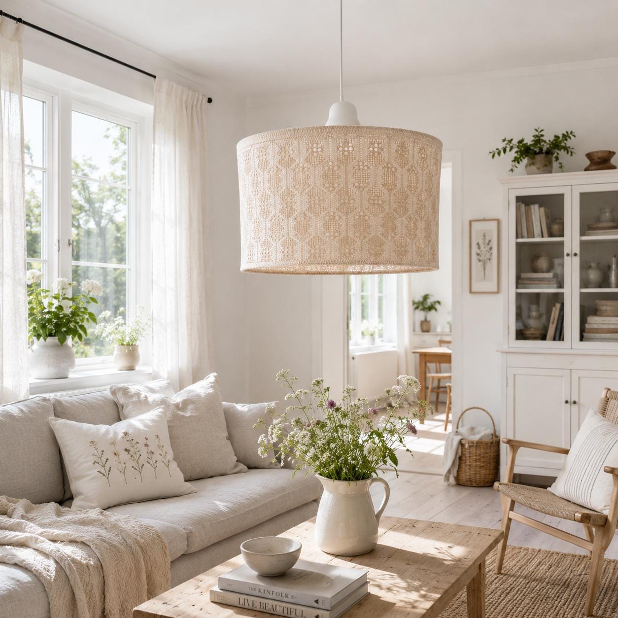 Scandinavian Crochet Pendant Light, Vintage Swedish Ceiling Lamp, Traditional "Näversöm" Handmade Textile Lace Shade