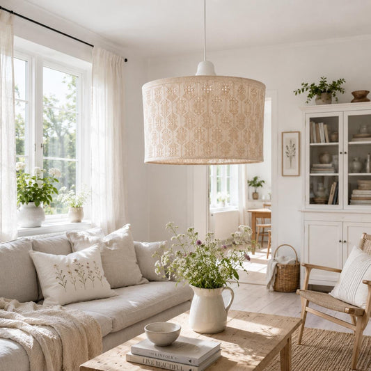Scandinavian Crochet Pendant Light, Vintage Swedish Ceiling Lamp, Traditional "Näversöm" Handmade Textile Lace Shade