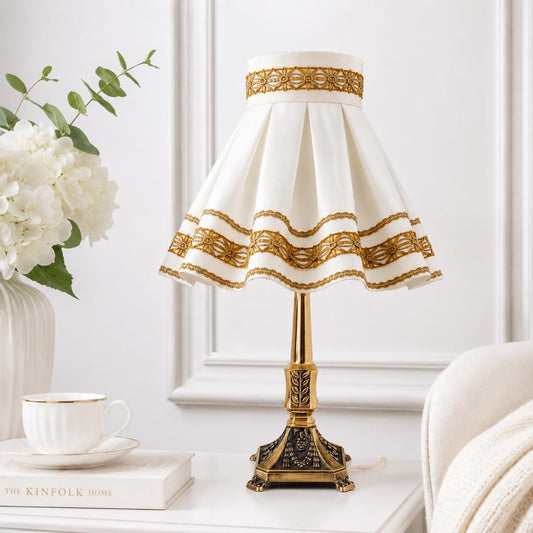 Vintage Brass Table Lamp with Pleated Cream Shade, Elegant Ornate Gold Bedside Lamp, Traditional Desk Light, Victorian Style Home Decor
