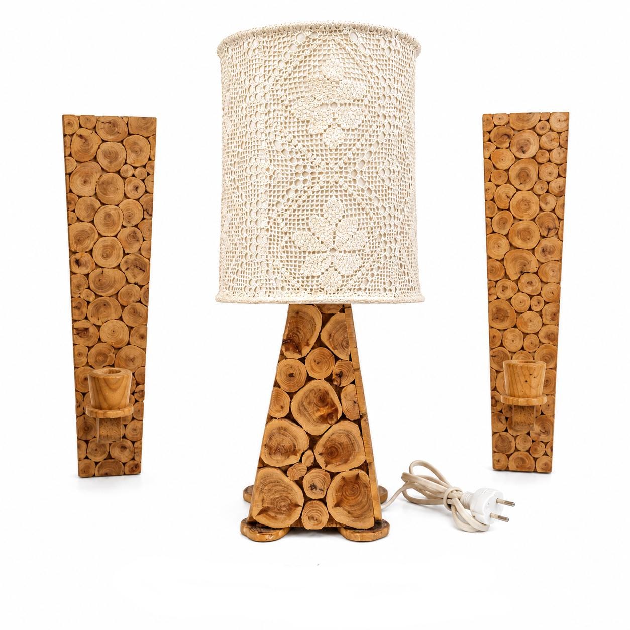 Vintage Swedish Sliced Wood Lamp Set with  Scandinavian handmade Crochet  Lace Shade