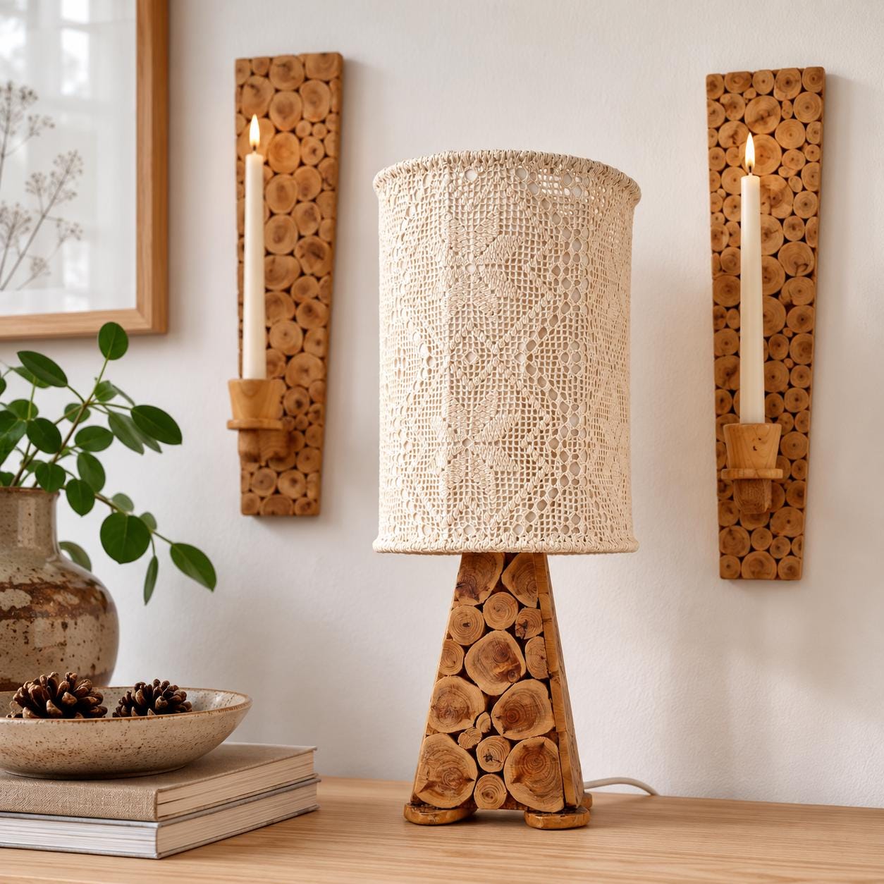 Vintage Swedish Sliced Wood Lamp Set with  Scandinavian handmade Crochet  Lace Shade