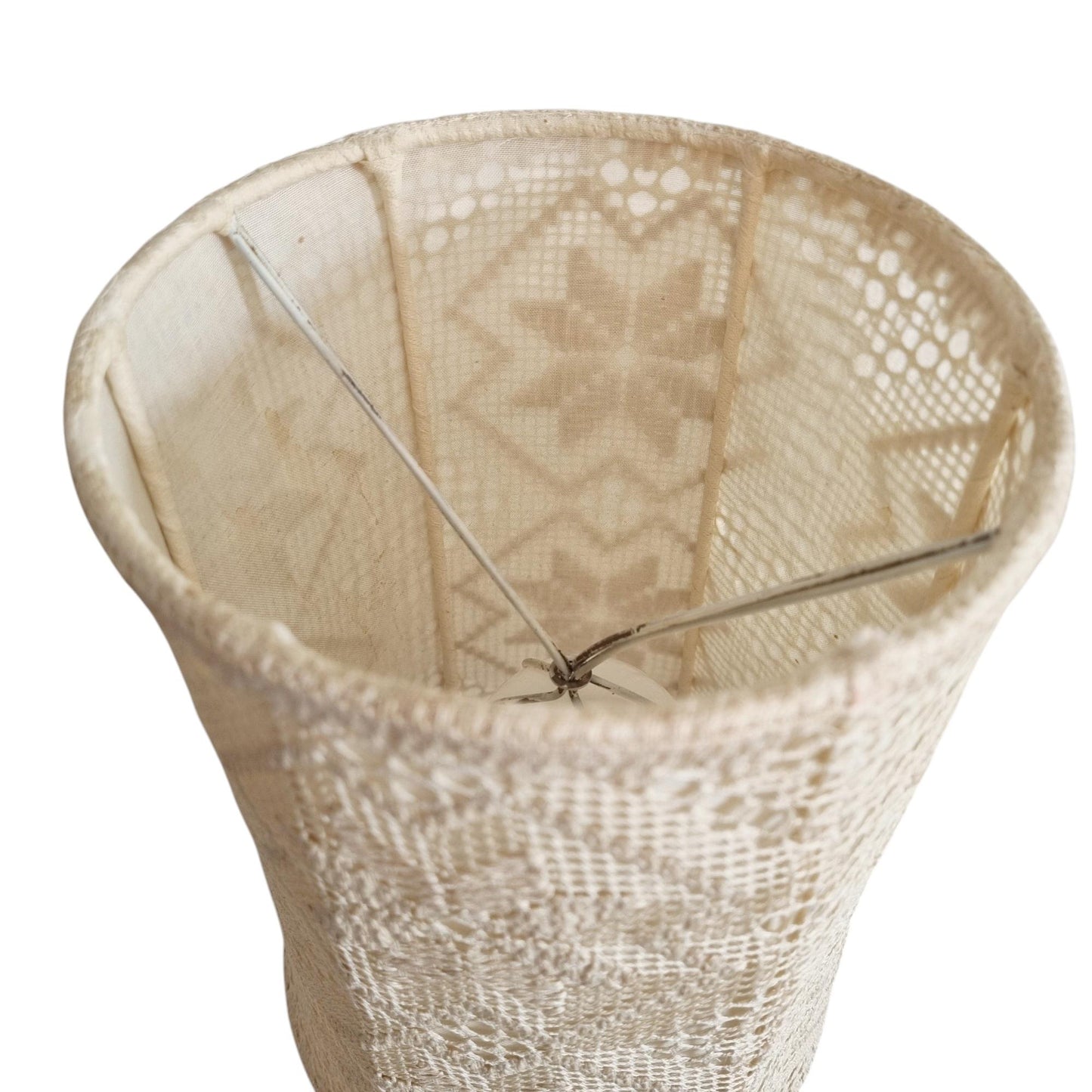 Pair of Vintage Markslöjd Sweden Pine Table Lamps, Swedish Vintage Crochet Textile Lace Shade, "Näversöm" Handmade Bedside Lights