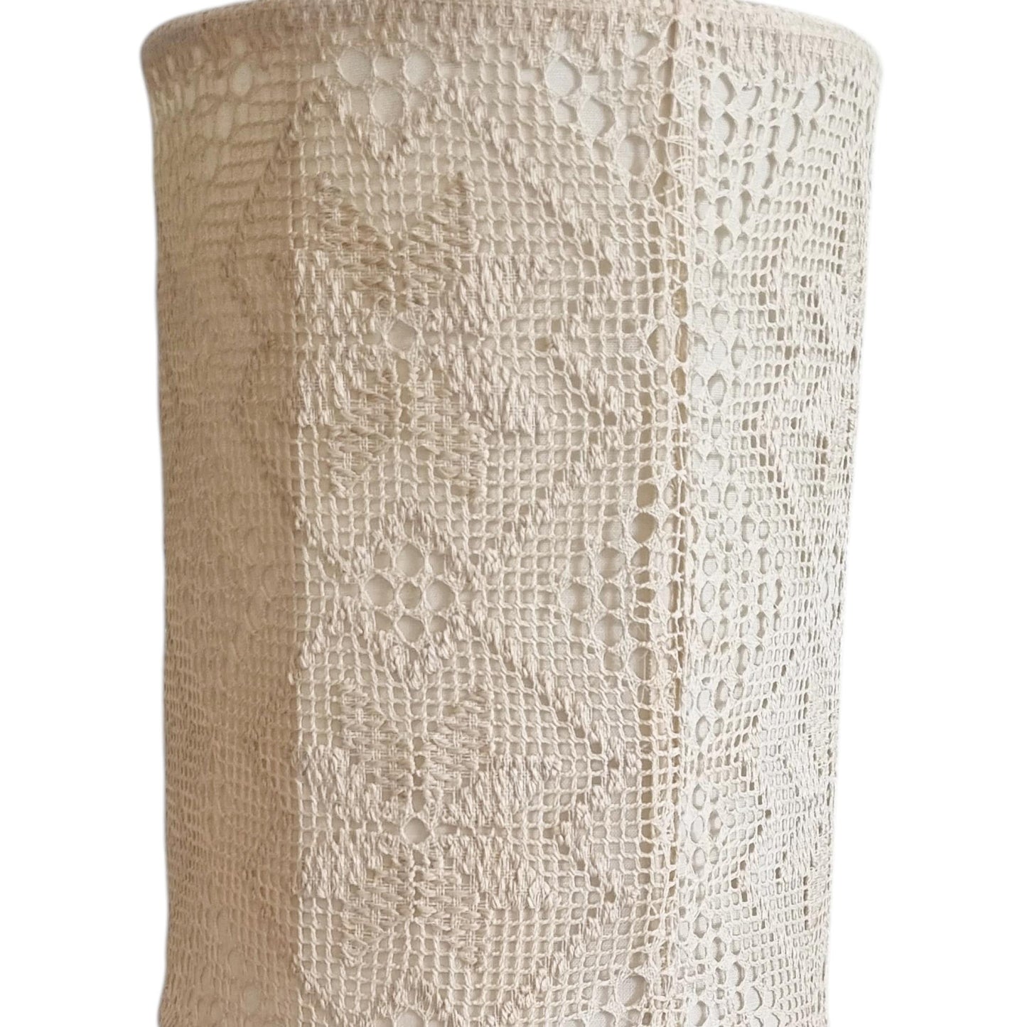 Pair of Vintage Markslöjd Sweden Pine Table Lamps, Swedish Vintage Crochet Textile Lace Shade, "Näversöm" Handmade Bedside Lights