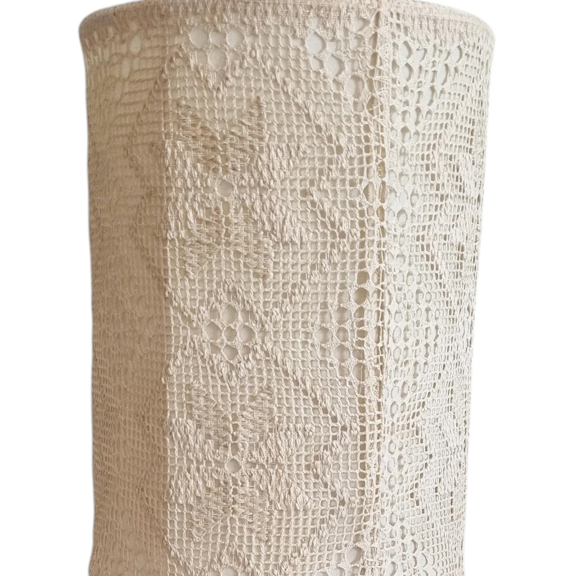 Pair of Vintage Markslöjd Sweden Pine Table Lamps, Swedish Vintage Crochet Textile Lace Shade, "Näversöm" Handmade Bedside Lights