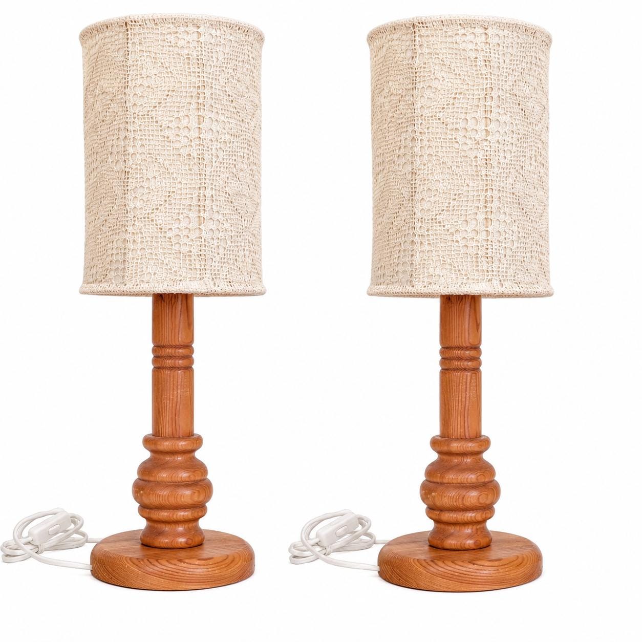 Pair of Vintage Markslöjd Sweden Pine Table Lamps, Swedish Vintage Crochet Textile Lace Shade, "Näversöm" Handmade Bedside Lights