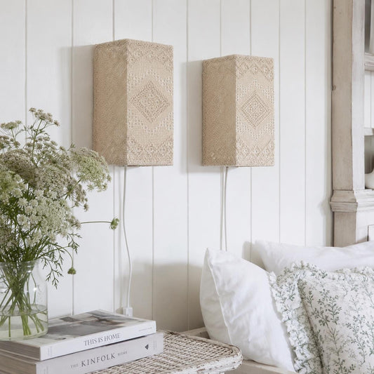 Pair of Vintage Swedish Crochet Wall Lamps, Traditional "Näversöm" Handmade Linen Lace Sconces, Cottagecore  Lighting