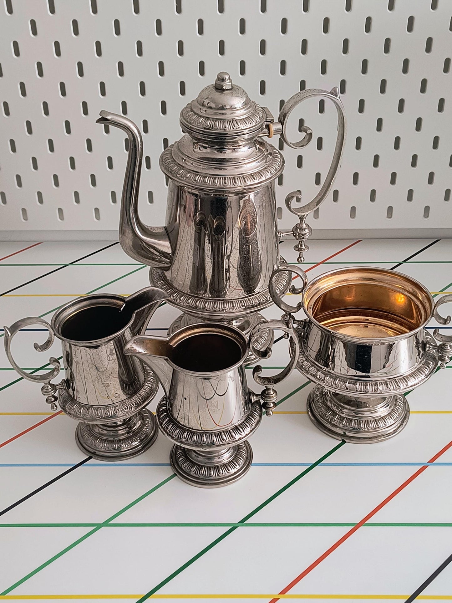 Antique Gustaf Eriksson Eskilstuna Swedish Silver Plated Coffee Set – Coffee Pot, Two Creamers & Sugar Bowl – c. 1910–1925