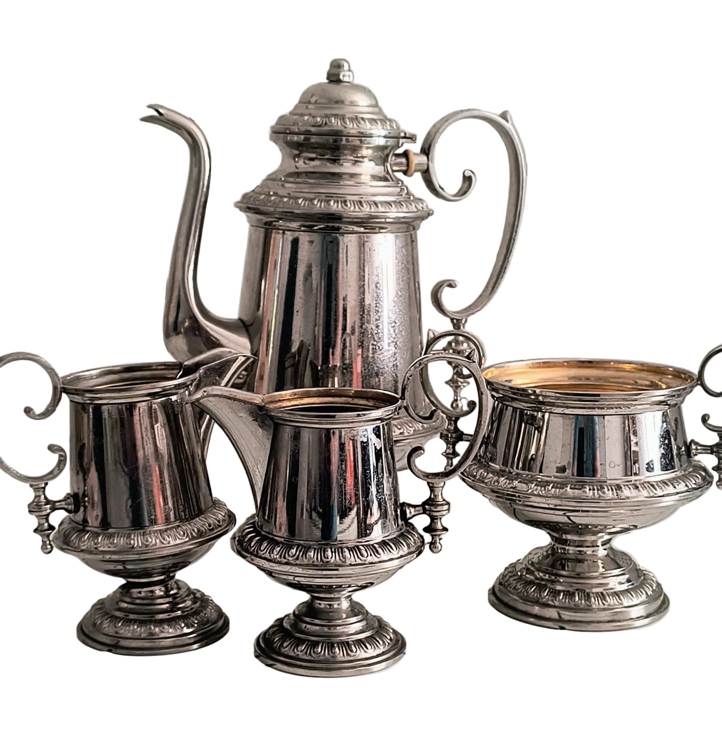 Antique Gustaf Eriksson Eskilstuna Swedish Silver Plated Coffee Set – Coffee Pot, Two Creamers & Sugar Bowl – c. 1910–1925