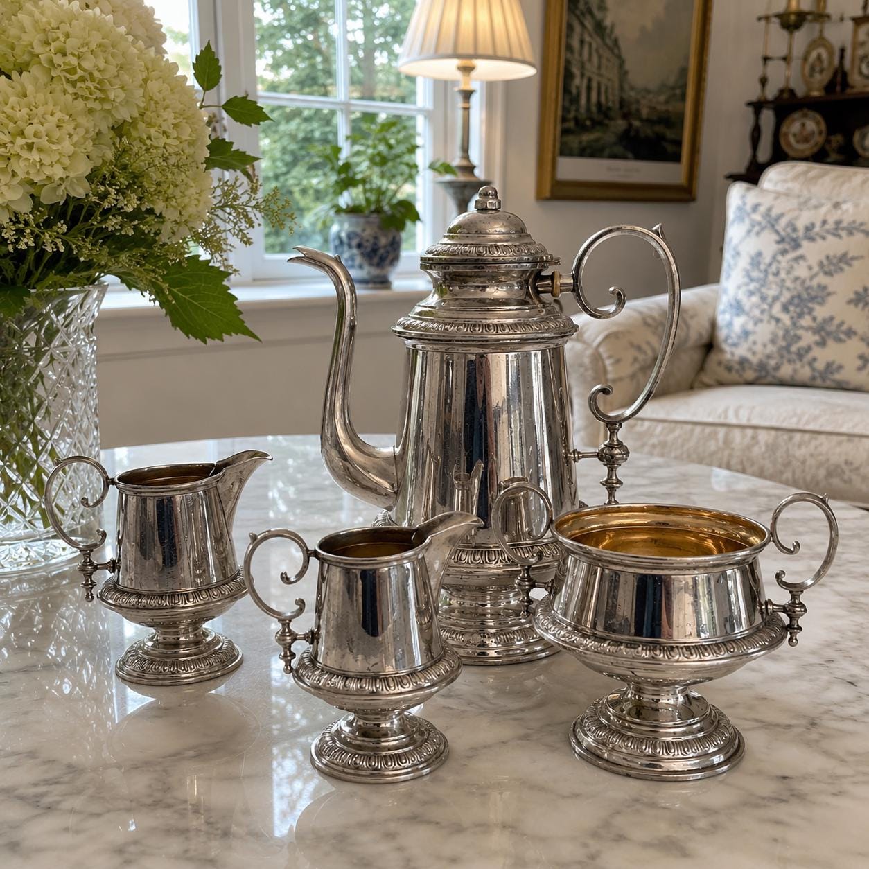 Antique Gustaf Eriksson Eskilstuna Swedish Silver Plated Coffee Set – Coffee Pot, Two Creamers & Sugar Bowl – c. 1910–1925