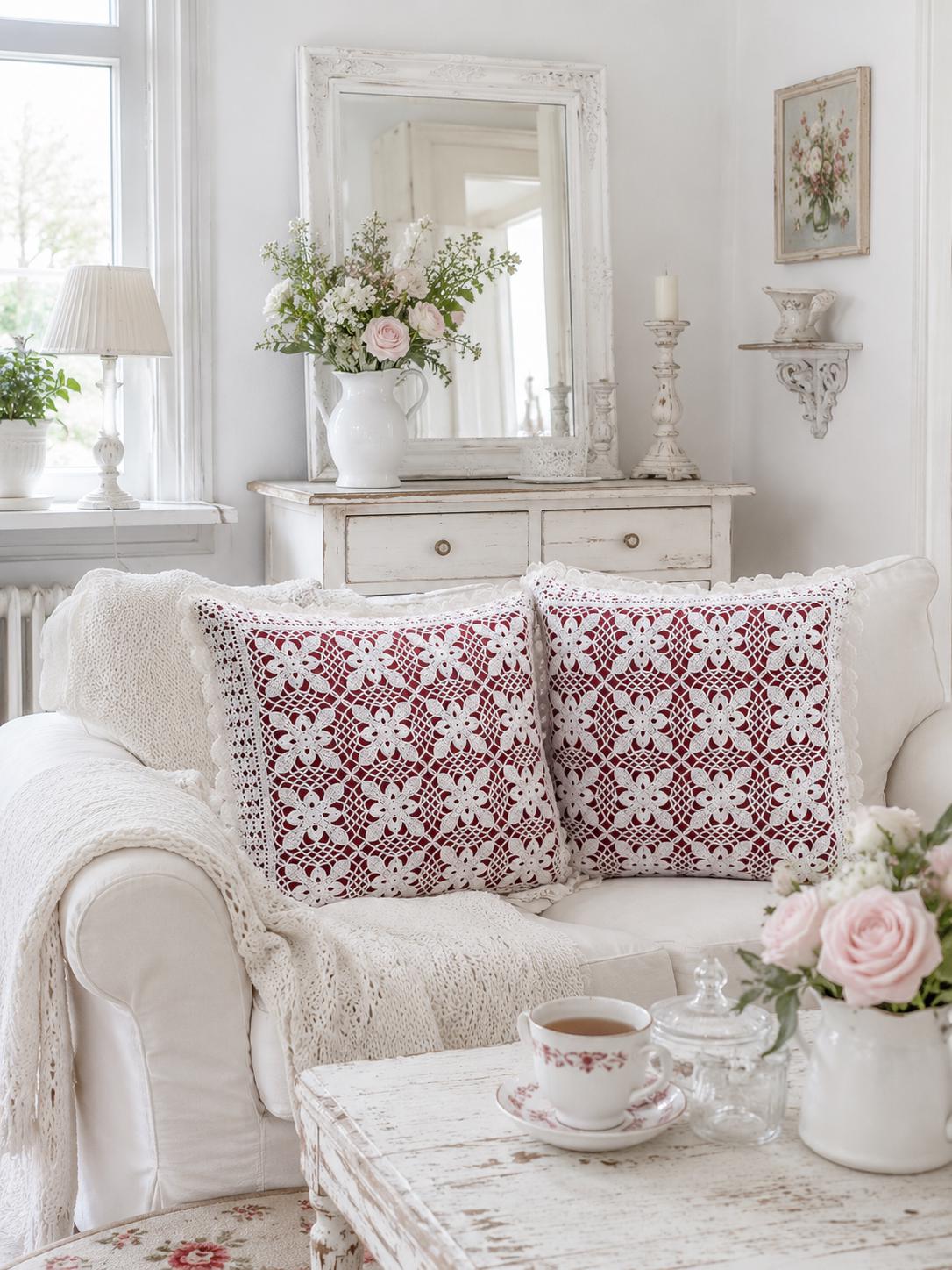Crochet Lace Floral Cushion Pair, Romantic Farmhouse Shabby Chic Pillow