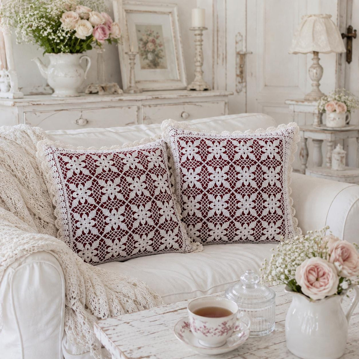Crochet Lace Floral Cushion Pair, Romantic Farmhouse Shabby Chic Pillow