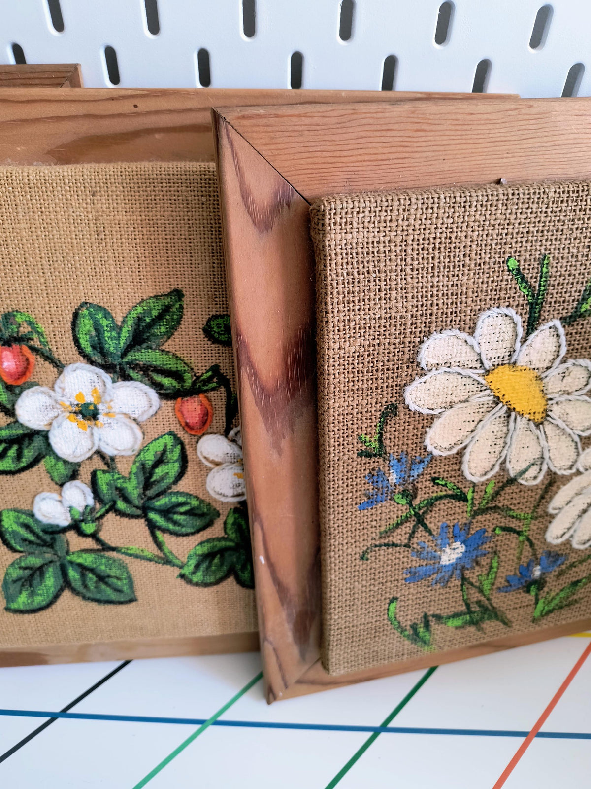Set of 4 Framed Burlap Botanical Art, Hand Painted Swedish Floral Panels