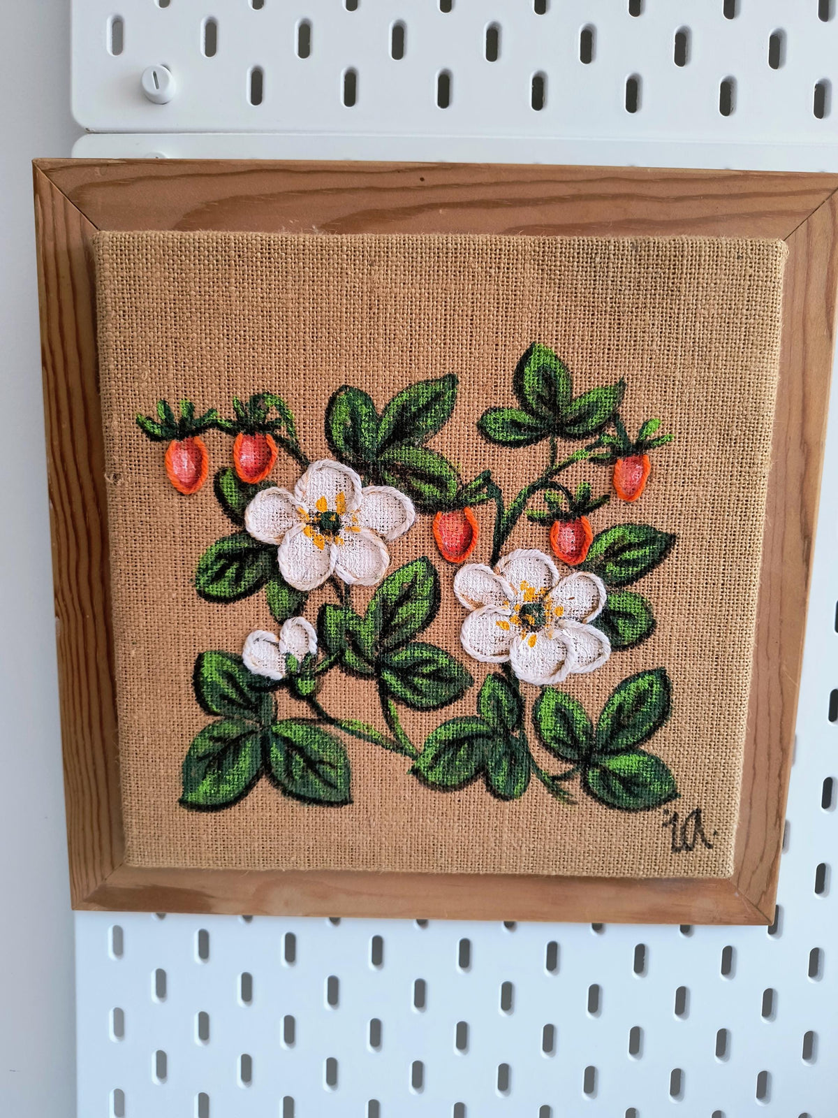 Set of 4 Framed Burlap Botanical Art, Hand Painted Swedish Floral Panels