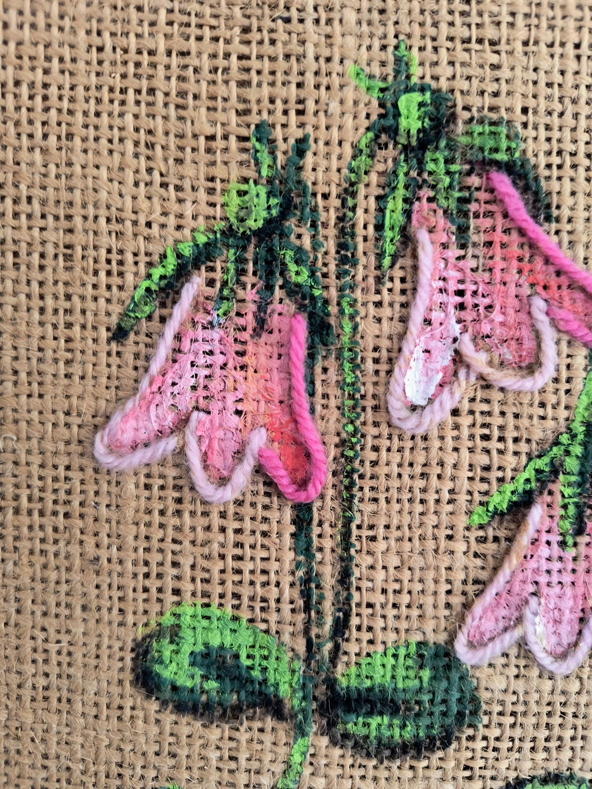 Set of 4 Framed Burlap Botanical Art, Hand Painted Swedish Floral Panels