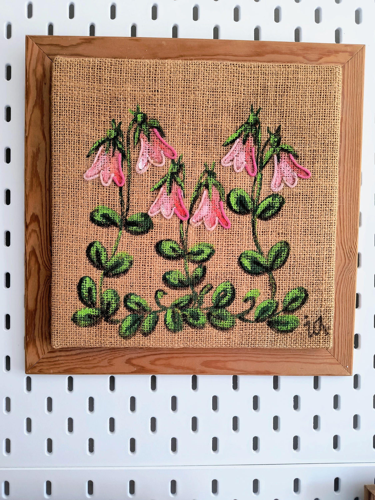 Set of 4 Framed Burlap Botanical Art, Hand Painted Swedish Floral Panels