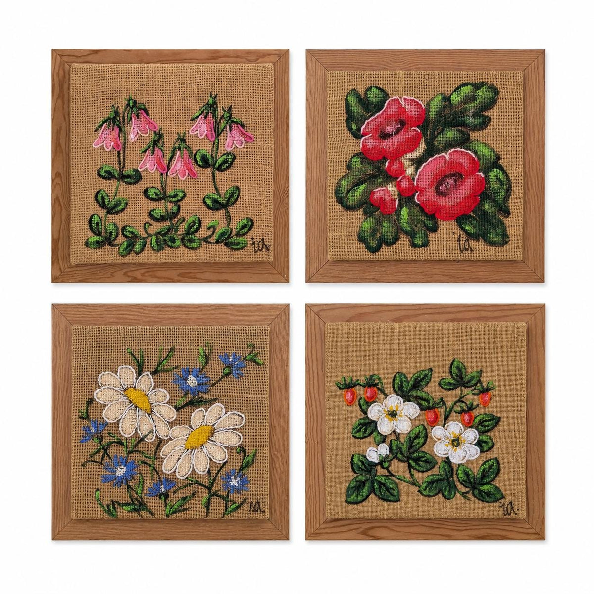 Set of 4 Framed Burlap Botanical Art, Hand Painted Swedish Floral Panels