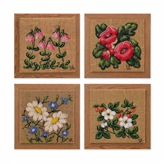 Set of 4 Framed Burlap Botanical Art, Hand Painted Swedish Floral Panels