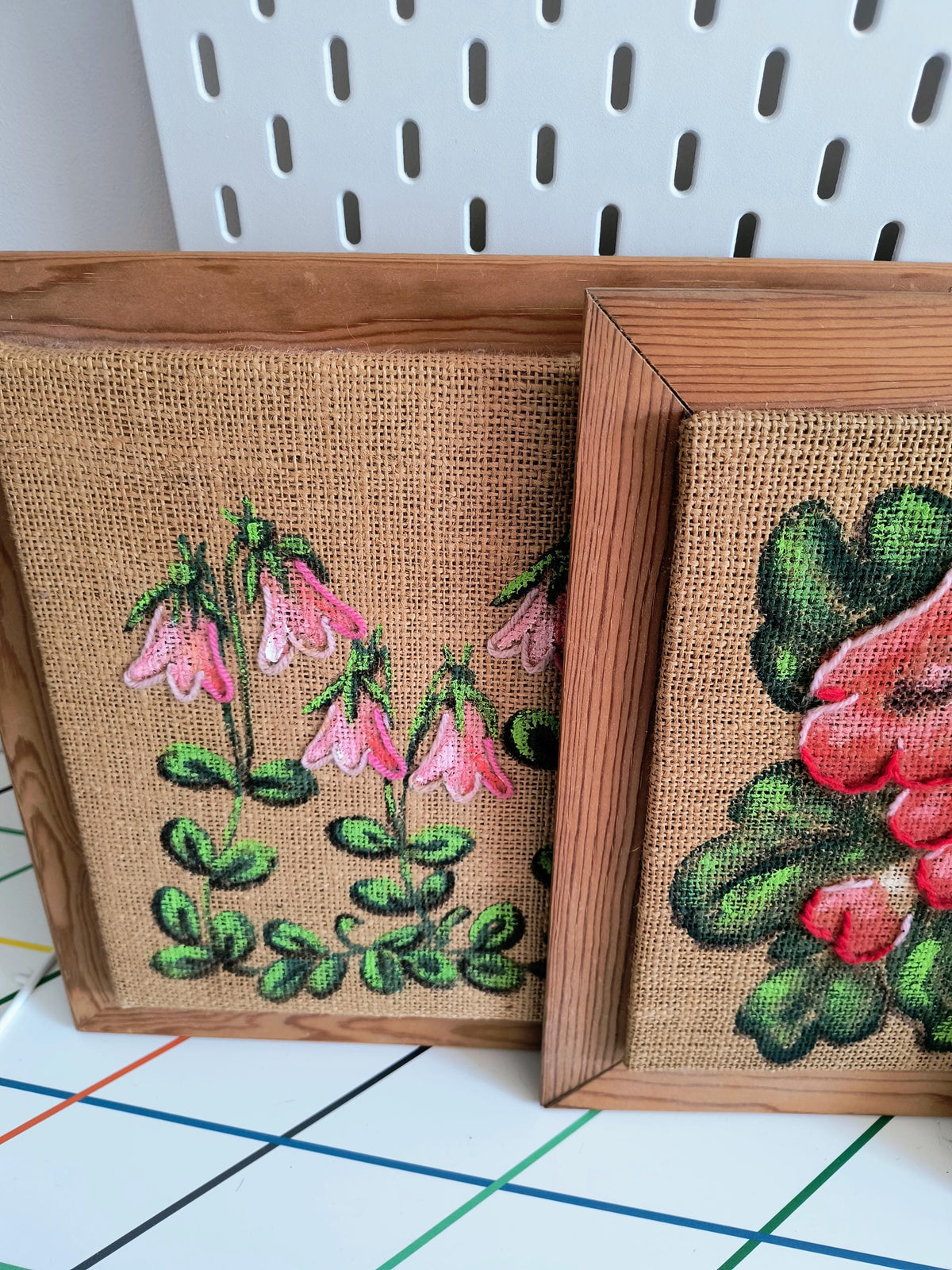 Set of 4 Framed Burlap Botanical Art, Hand Painted Swedish Floral Panels