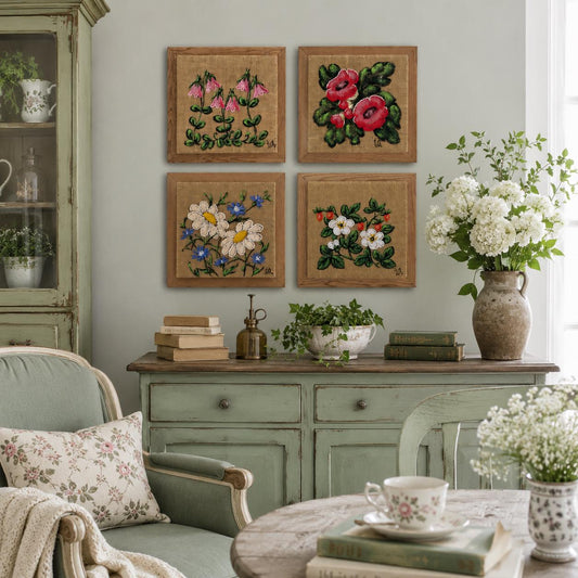 Set of 4 Framed Burlap Botanical Art, Hand Painted Swedish Floral Panels