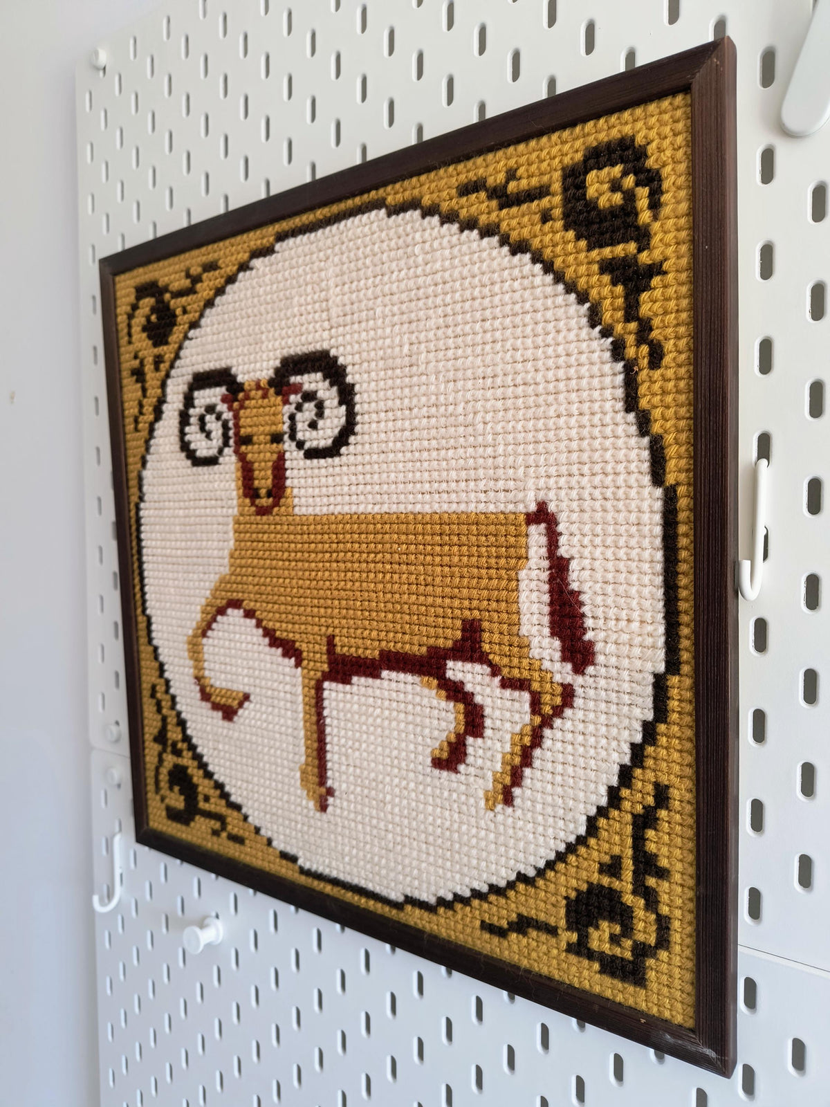 Framed Aries Needlepoint Art, Zodiac Ram Tapestry, Vintage Astrology Wall Hanging
