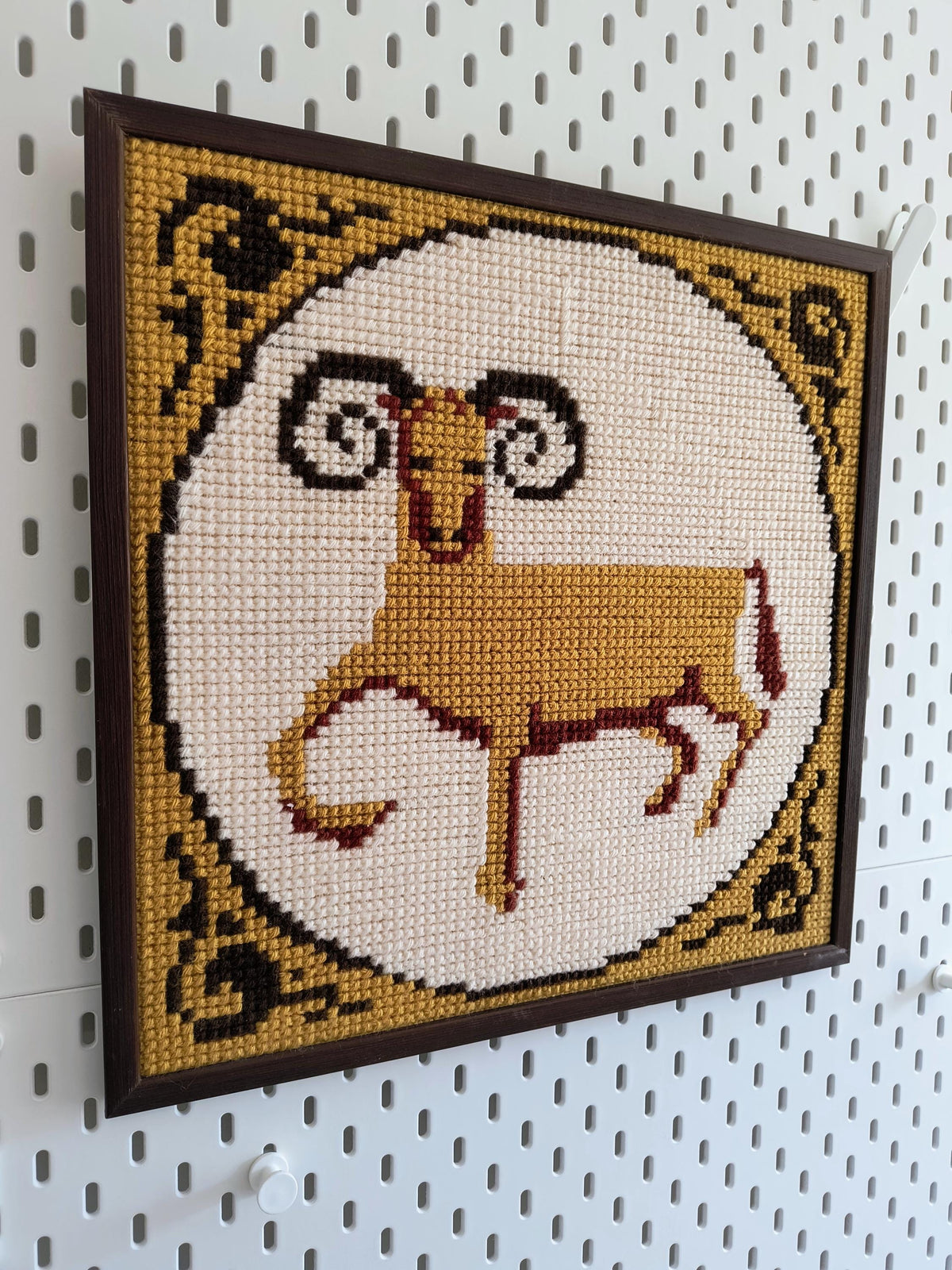 Framed Aries Needlepoint Art, Zodiac Ram Tapestry, Vintage Astrology Wall Hanging